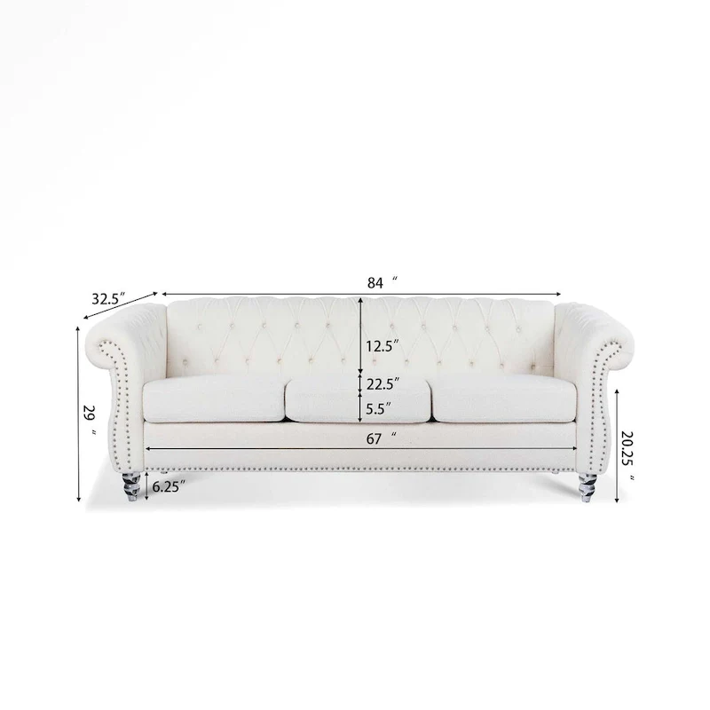 White Rolled Arm Chesterfield 3-Seater Sofa