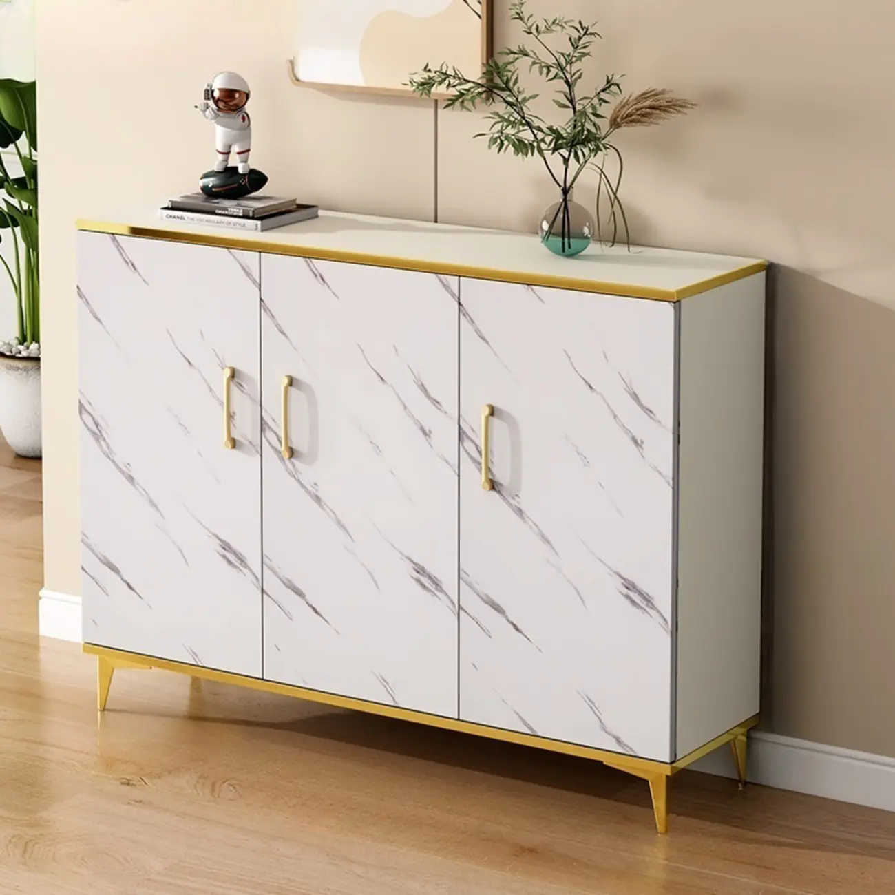 Trendy Grey Wood Hallway Shoe Cabinet with Gold Legs