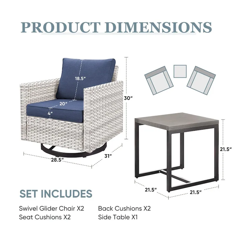 PE Rattan Rocking Chair, Side Table with Glass Tabletop - Light Grey