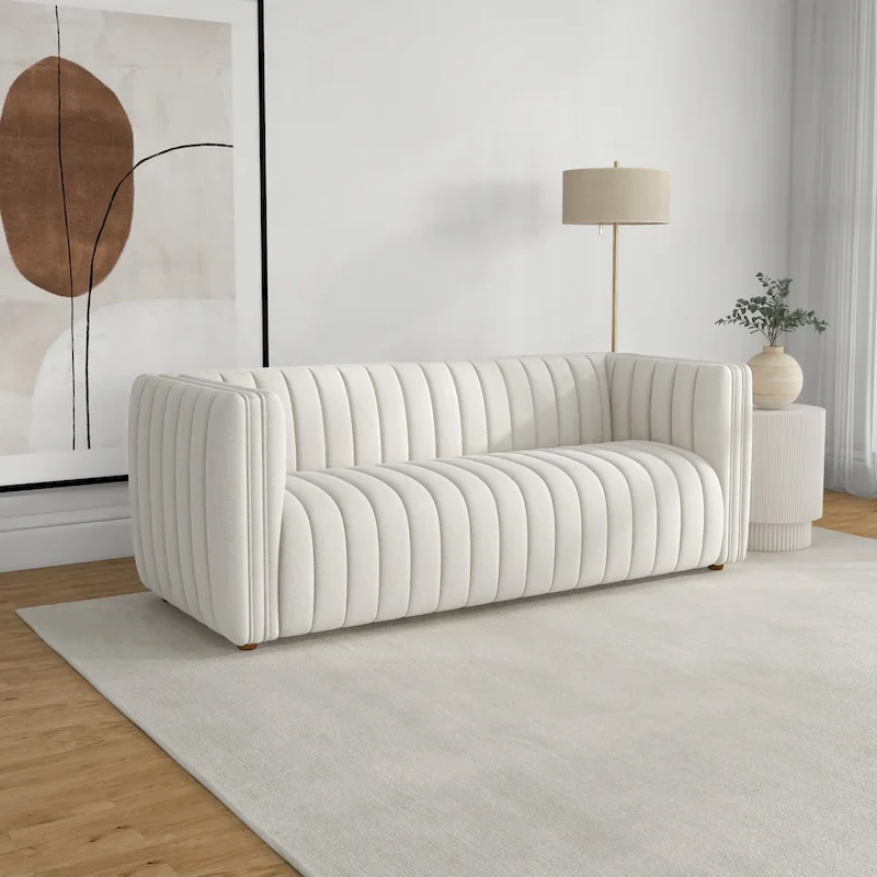 Mid-Century Modern Sofa - Cream Boucle, Tufted Back, Walnut Wood Legs, High-Density Foam