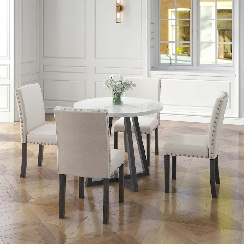 Five-piece dining room set with imitation marble table top,solid wood,space-saving kitchen and dining room combination furniture