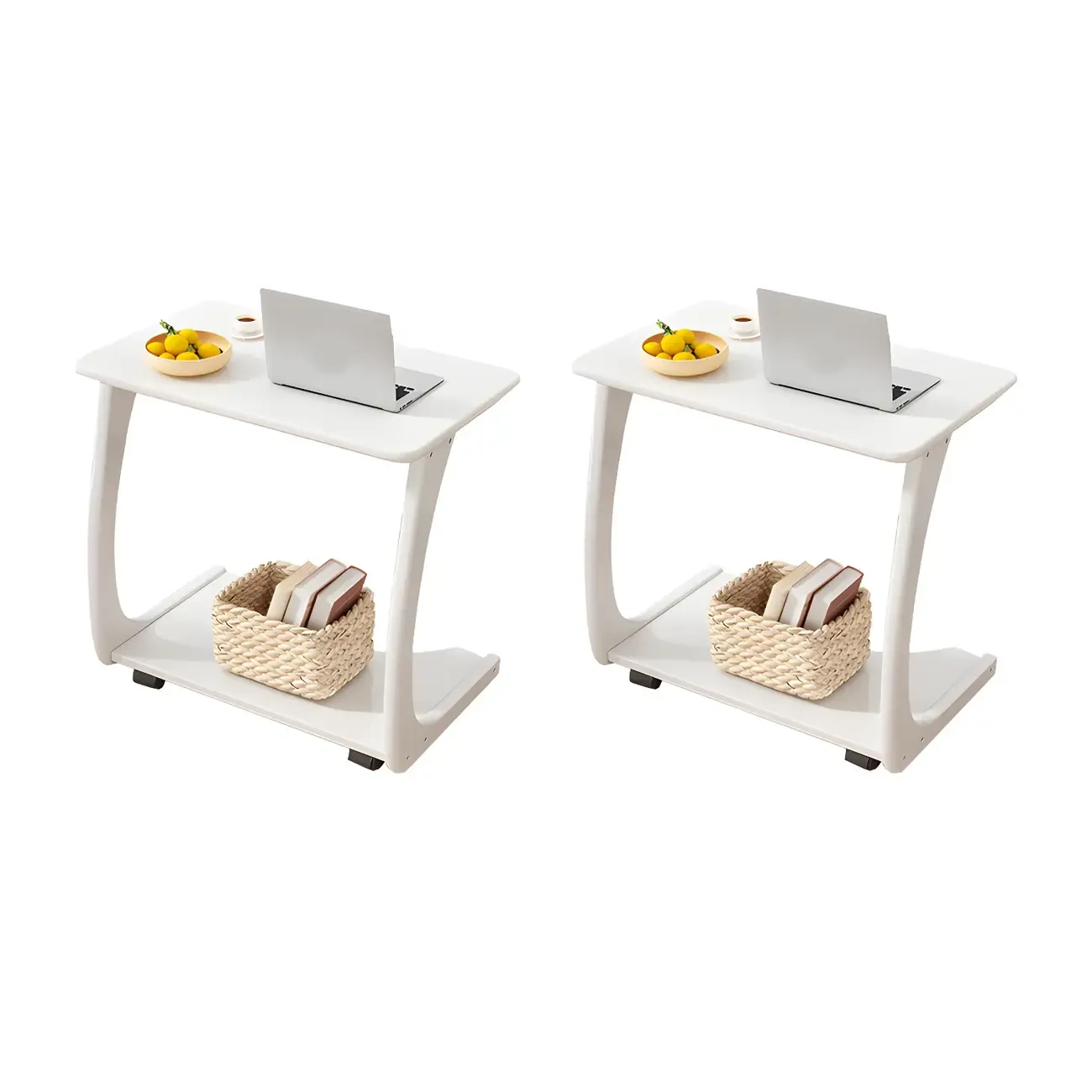 Walnut C-Shaped Side Table With Casters