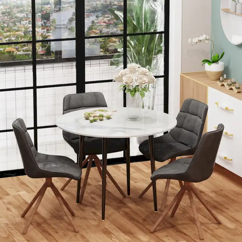 Round Kitchen Dining Table Marble Tabletop with Tapered Metal Legs - 31.5 W x 30 H
