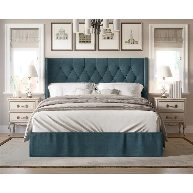 Tufted Upholstered Panel Bed, Wingback Headboard, Nailhead Trim, Seats 2, Grey/Black/Beige/Denim Blue, Twin/Full/Queen/King