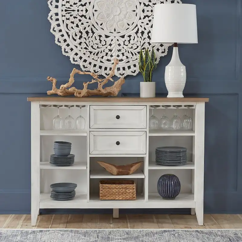 White Two-Tone Server Cabinet with Stemware Rack and Adjustable Shelves