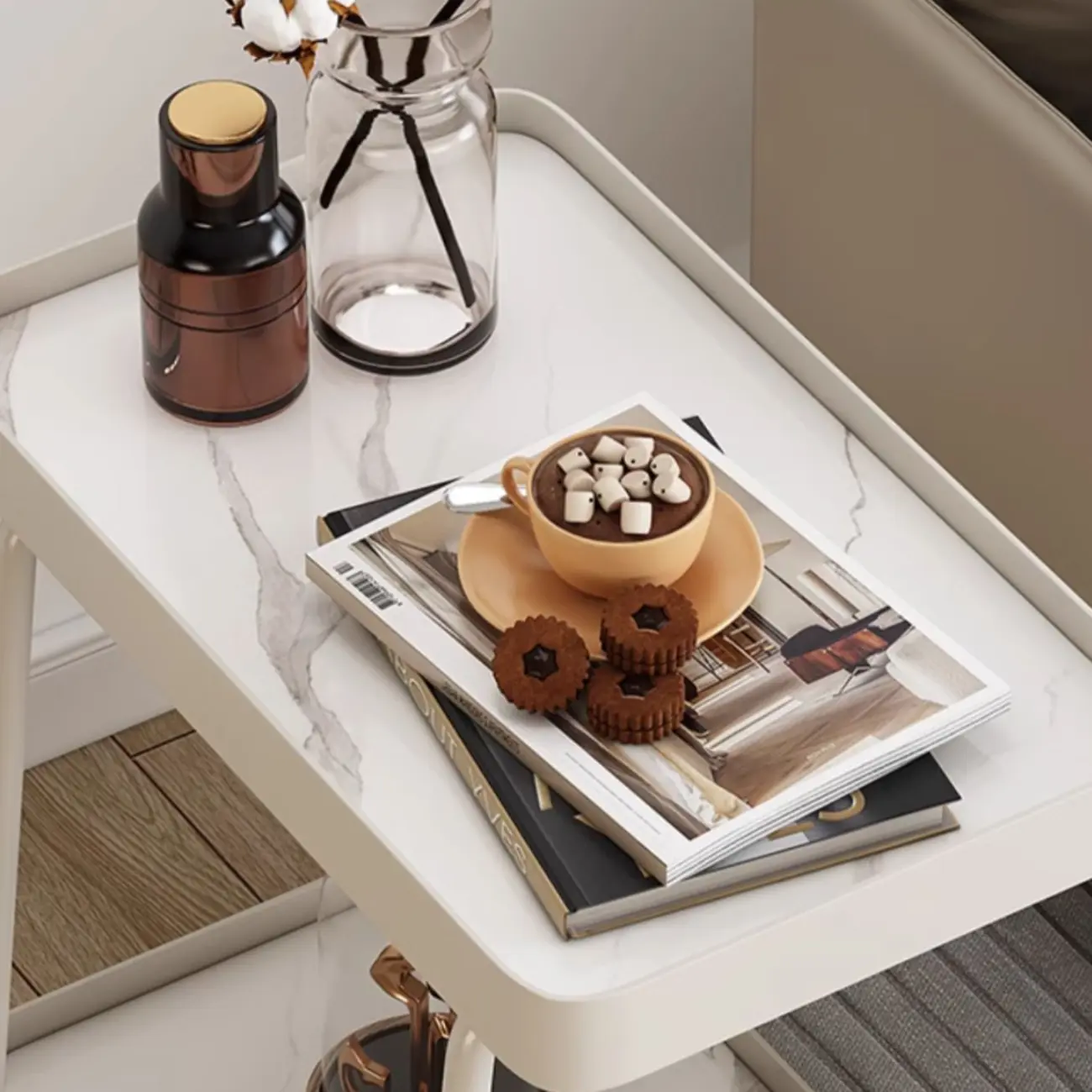 Modern C-Shaped White Stone Rectangular Swivel Side Table