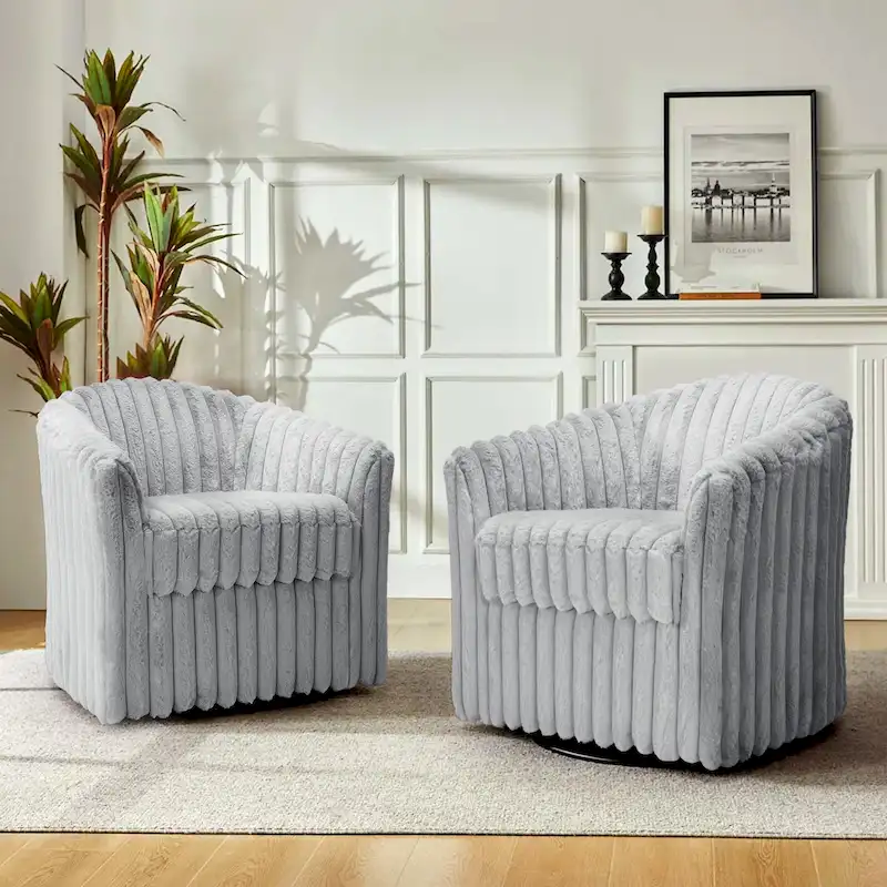 Faux Rabbit Fur Accent Chair 360-degree Swivel Barrel Chairs Set of 2