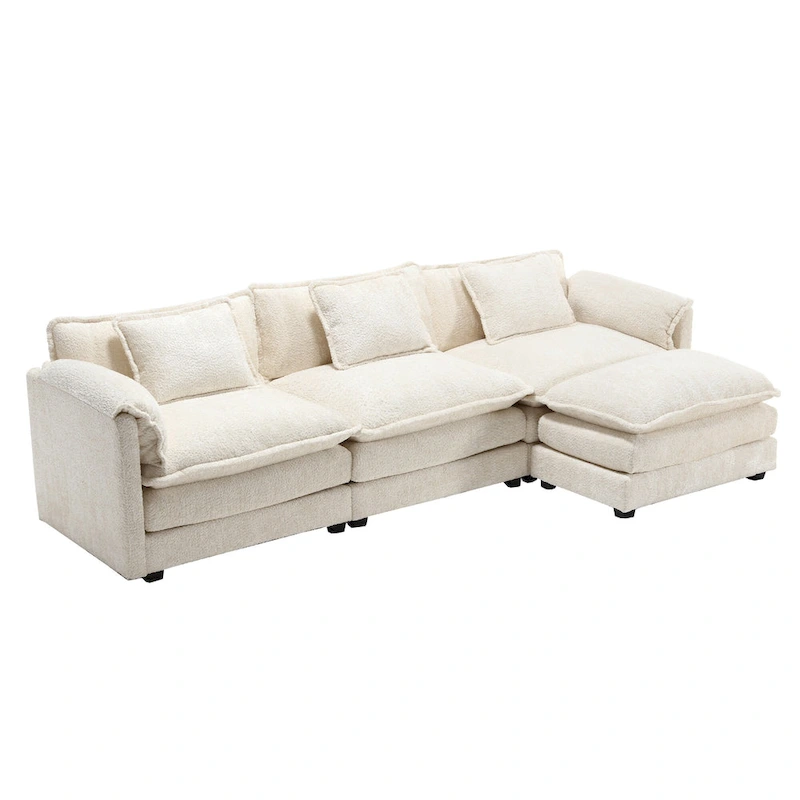 Beige 112.2 L-Shape 4-Seater Sectional Sofa in Modern Boucle Fabric with Removable Cushions and Detachable Armrests