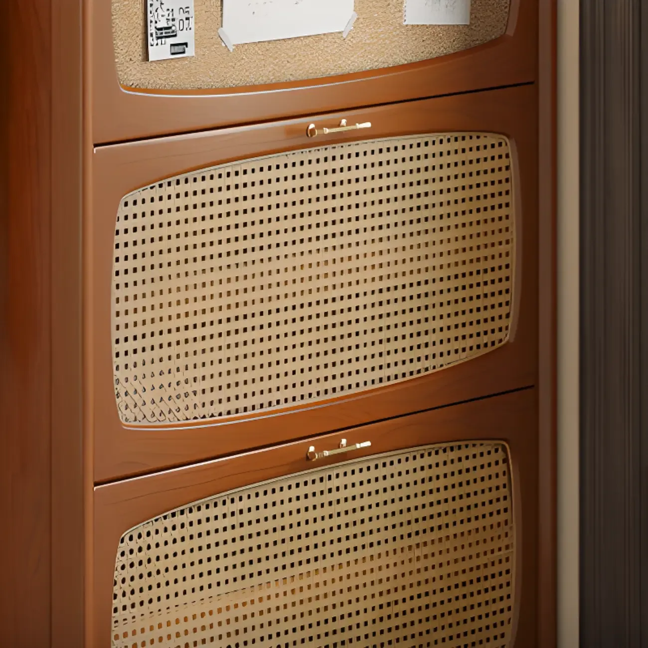 Entryway 3-Tier Drop-Front Rattan Solid Wood Shoe Cabinet