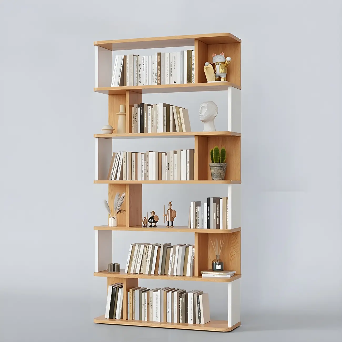 Tall Modern Walnut Open Back 6-Shelf Wood Bookcase
