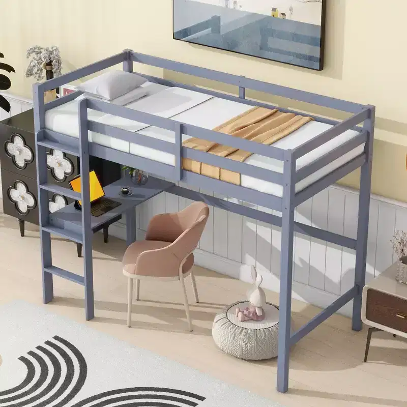 Bellemave Twin Loft Bed with Desk,Loft Bed for Kids, Boys, Girls,Wooden Loft Bed Frame,Built in Desk and Ladder, GrayRubber Wood