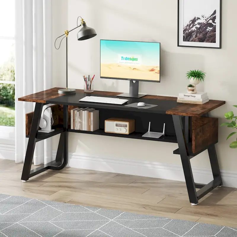 63 Inches Computer Desk with Bottom Shelves, Large Executive Desk
