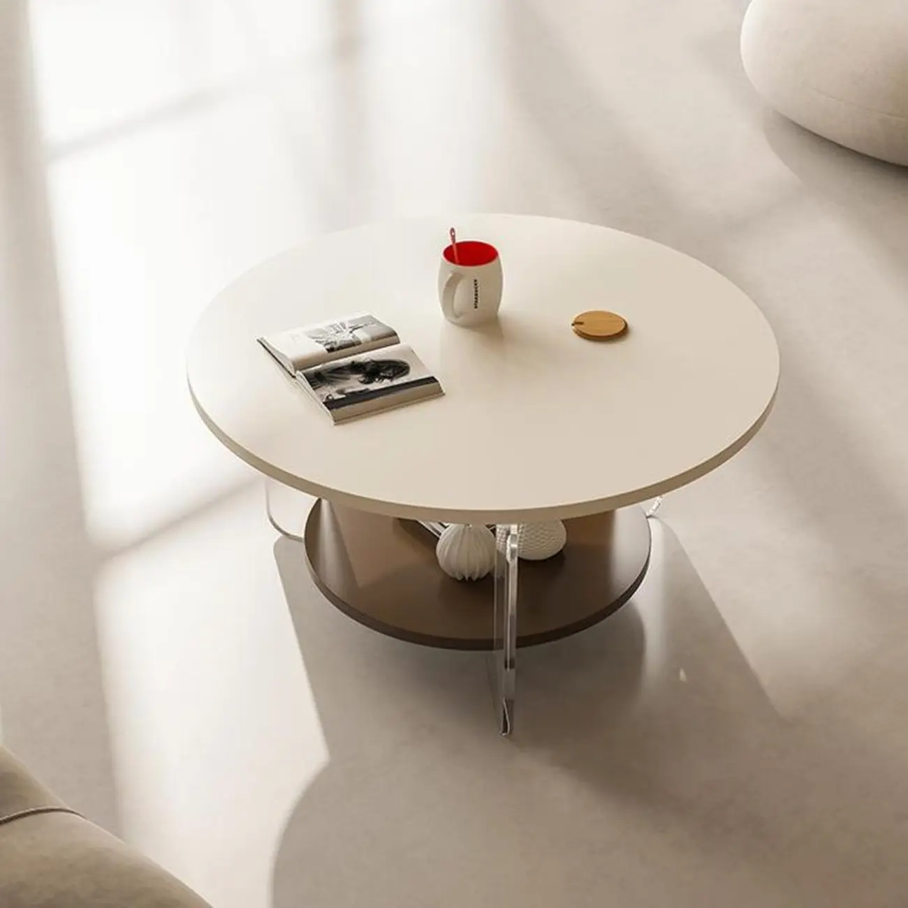 White Brown Wood Round Coffee Table with Shelf and Plastic Leg