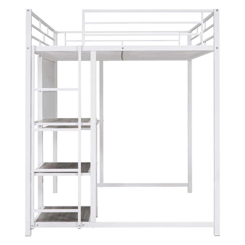 Metal Loft Bed with Desk, Whiteboard, Shelves, and Ladder