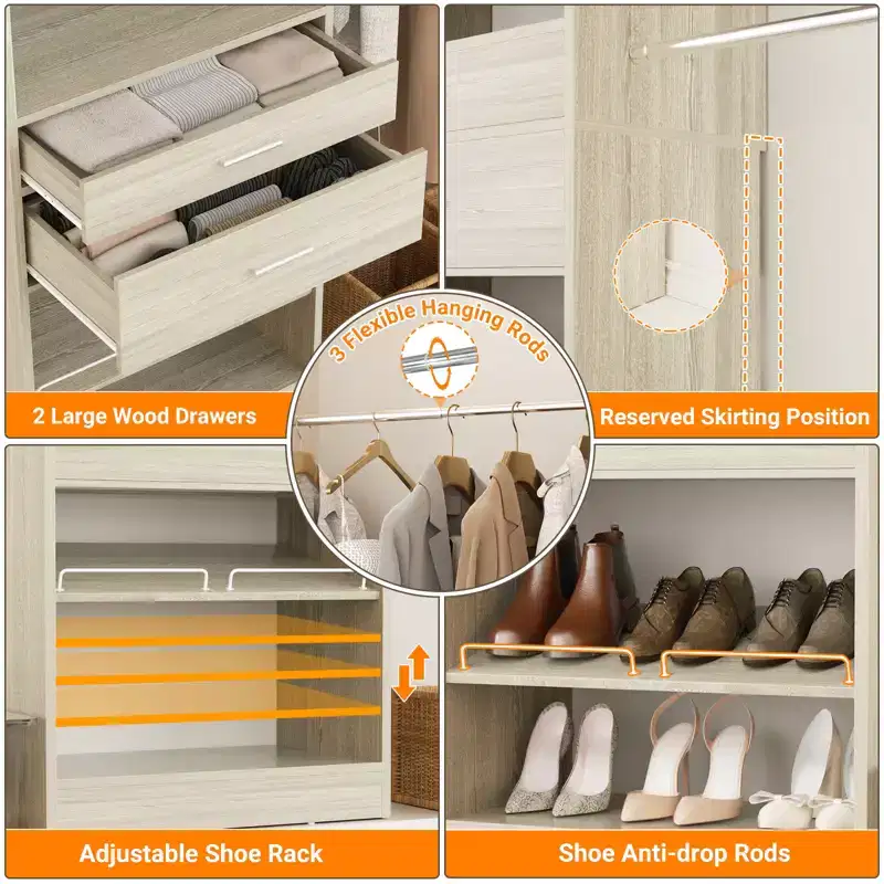 Besiost Closet System with 2 Wooden Drawers and Adjustable Shoes Rack