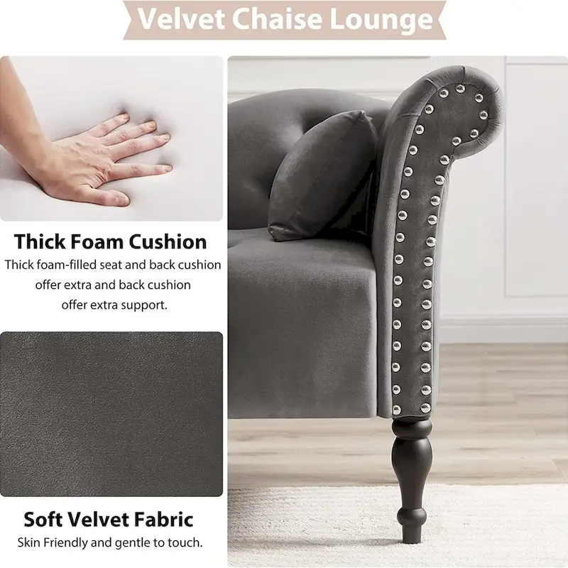 61 Velvet Chaise Lounge Chair with 1 Pillow and Nailhead Trimmed