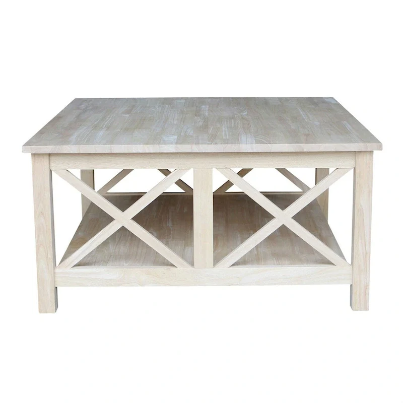 Square Unfinished Solid Wood Coffee Table with Bottom Shelf - 36 in. W x 36 in. D x 18 in. H.