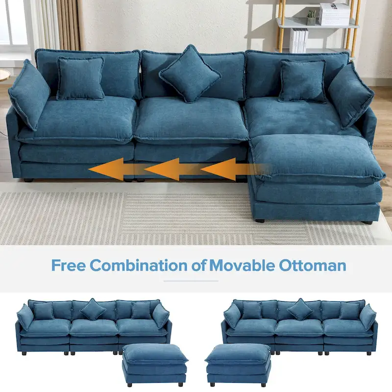 Blue 112.2 Modern L-Shaped 4-Seat Sofa with Removable Ottoman