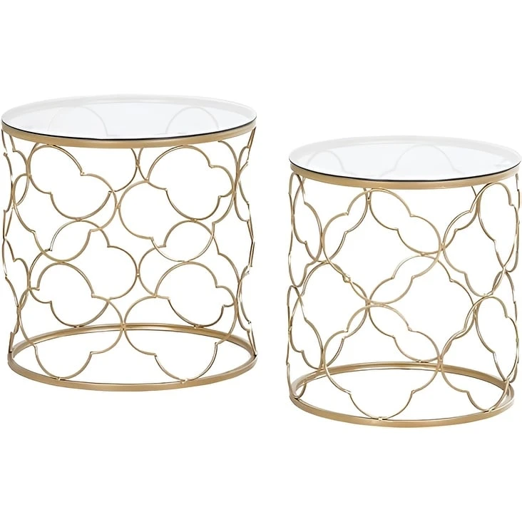 Coffee Table Set of 2 with Glass Top and Metal Wire, Round Side End Table