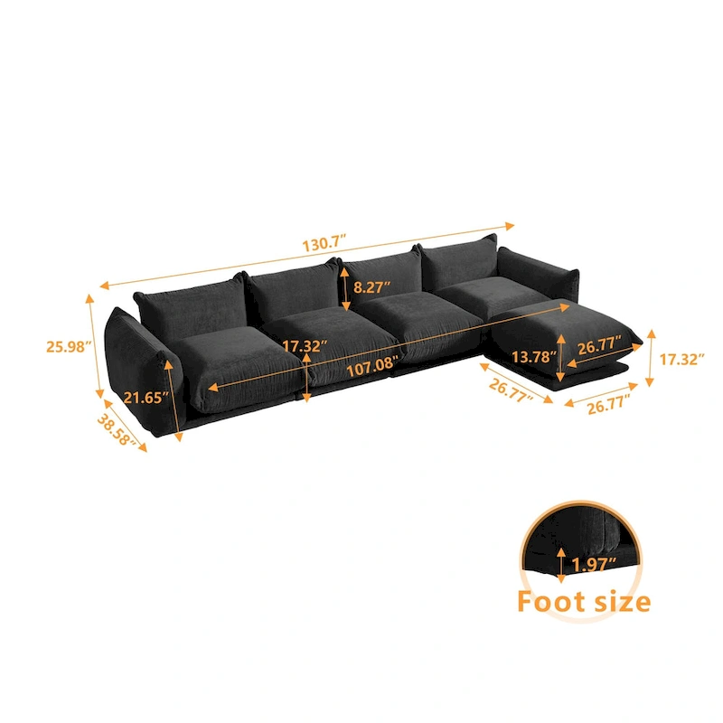 Modern Black Chenille Sectional Sofa Comfy Modular Couch with Ottoman