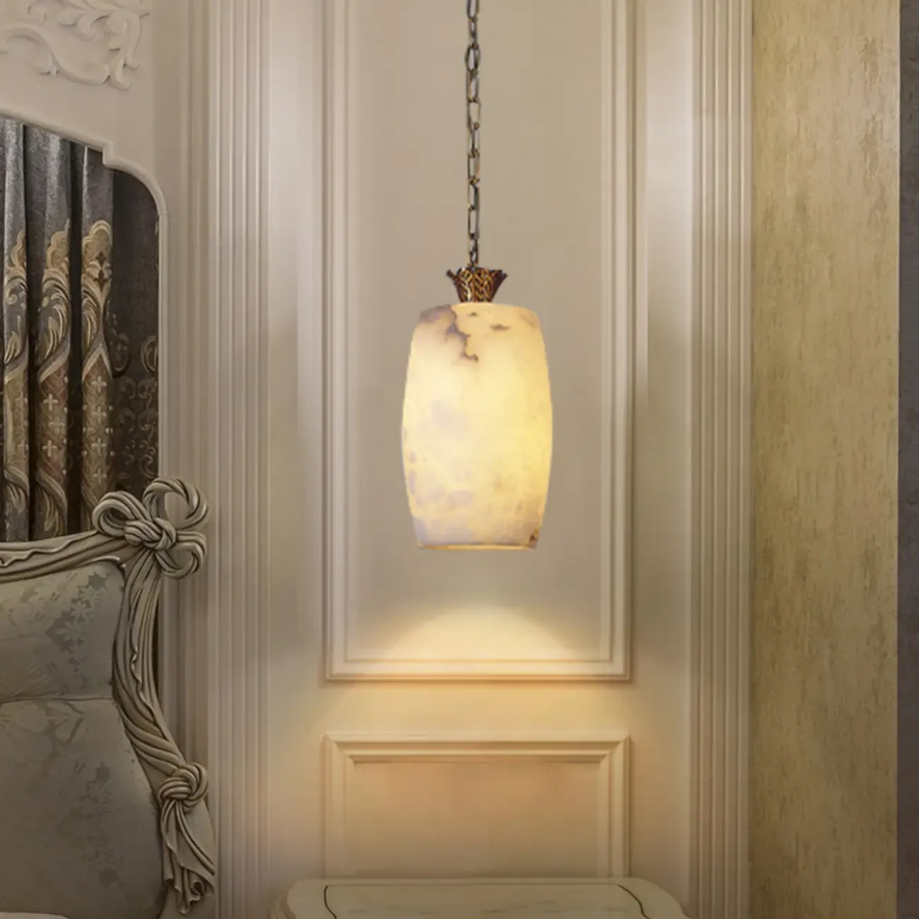 Vintage Brass Adjustable Chain White Stone Pendant Light