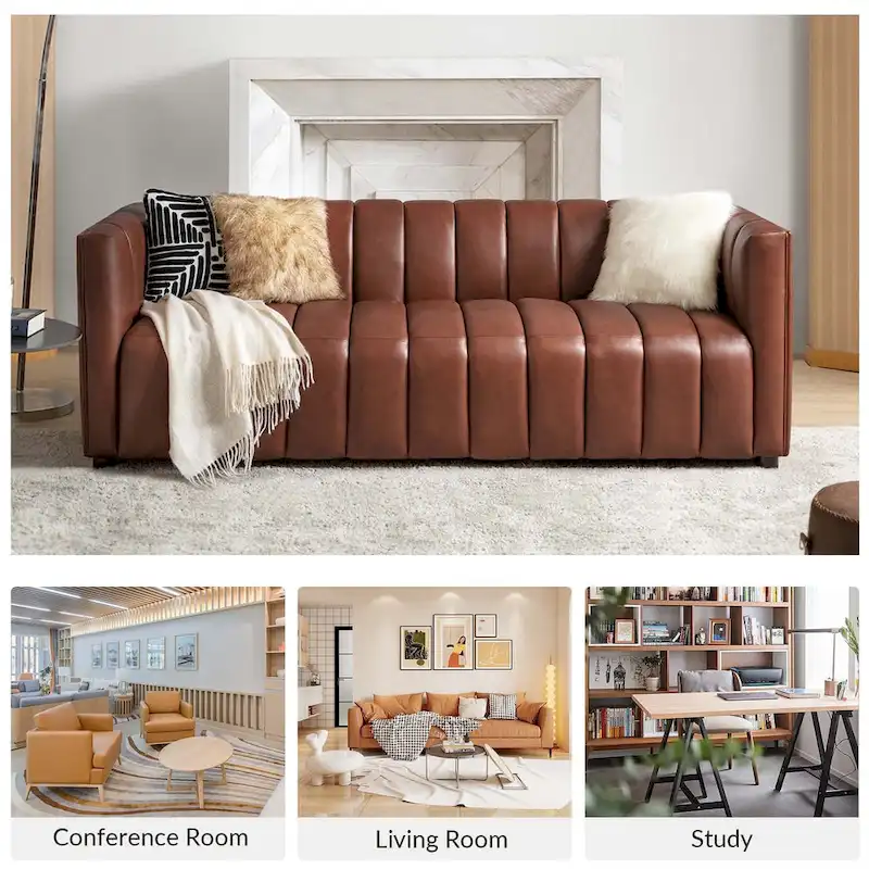 Olinto Modern Camel 83-Inch Genuine Leather Curved Couch with Channel Back by HULALA HOME