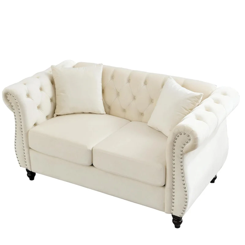 Velvet Chesterfield Loveseat Sofa, Rolled Arms, Nailhead Trim