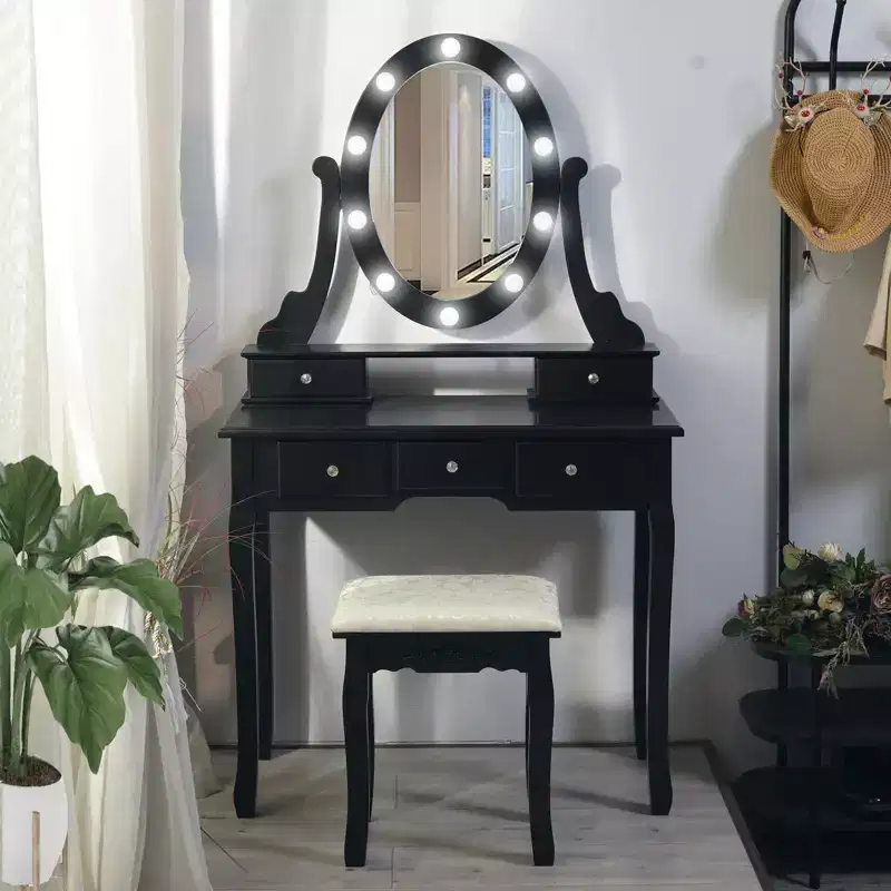 Modern Makeup Vanity, Girls Vanity Set with Lighted Mirror and Cushioned Stool