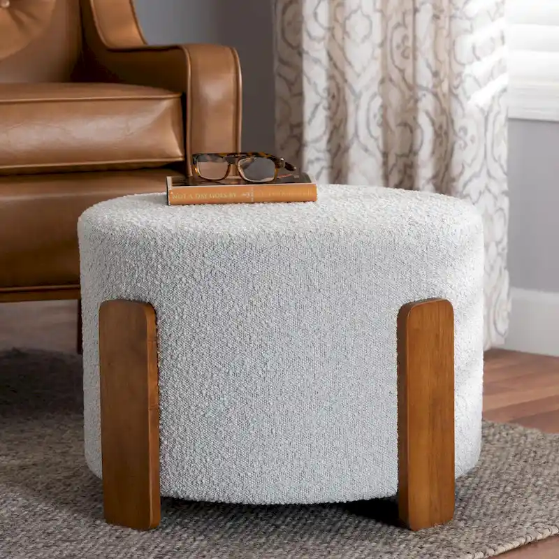 Modern Japandi Boucle Fabric and Wood Ottoman Footstool