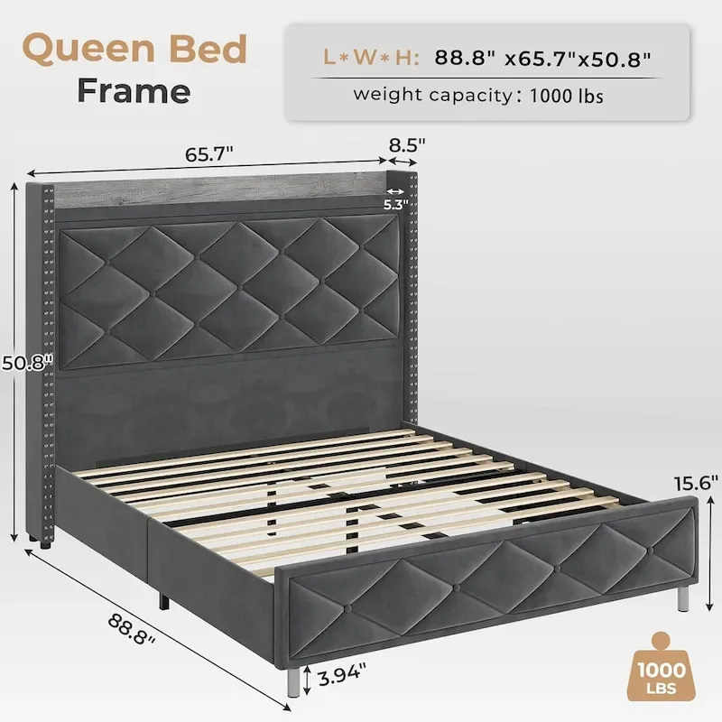 LED Bed Frame with 51.2  Tall Headboard Charging Station