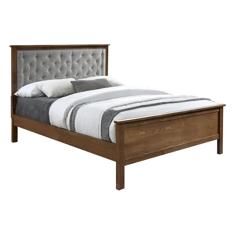 Gray Upholstered Queen Bed Headboard and Wood Footboard Set