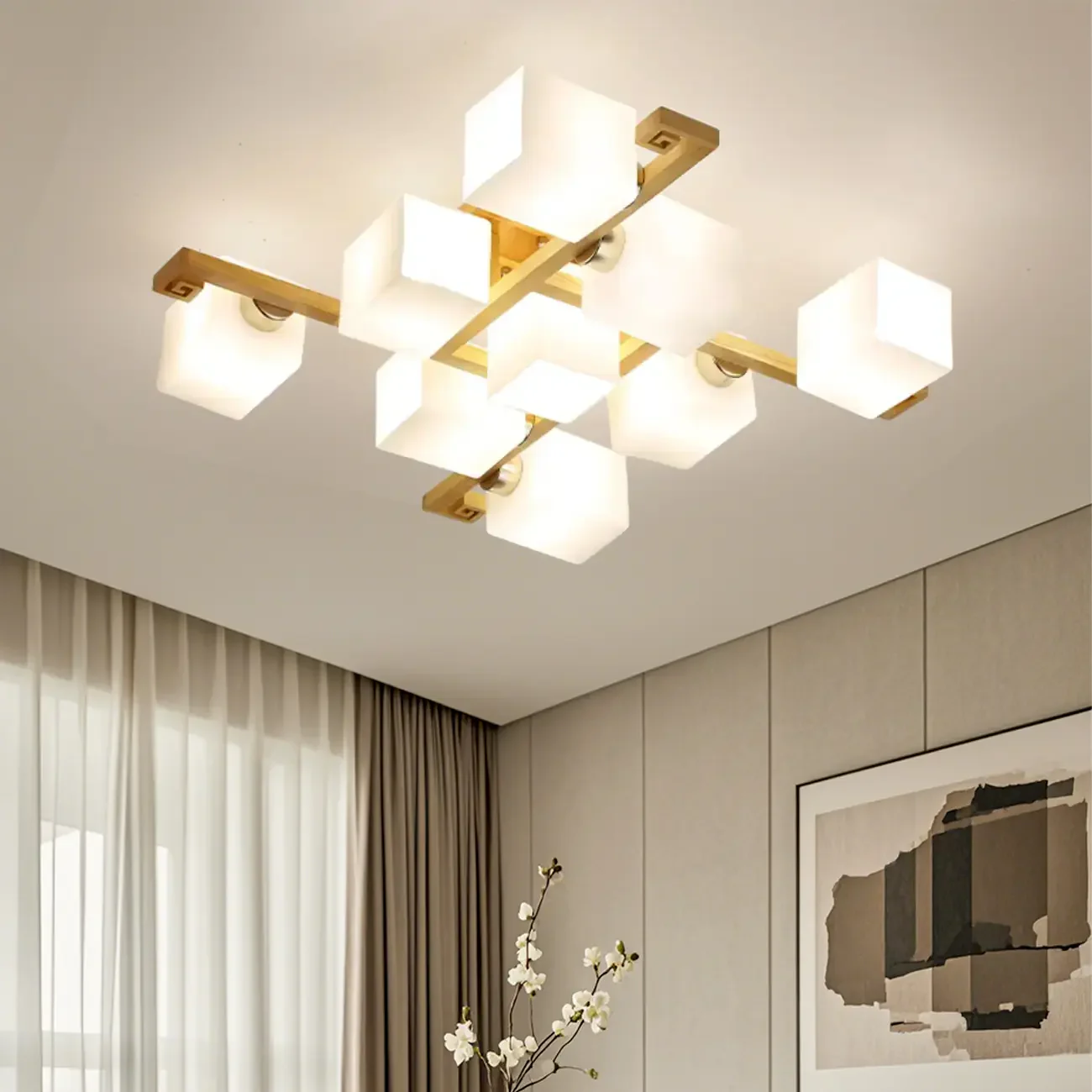 8.5 Height Square Glass Natural Wood Semi Flush Ceiling Light