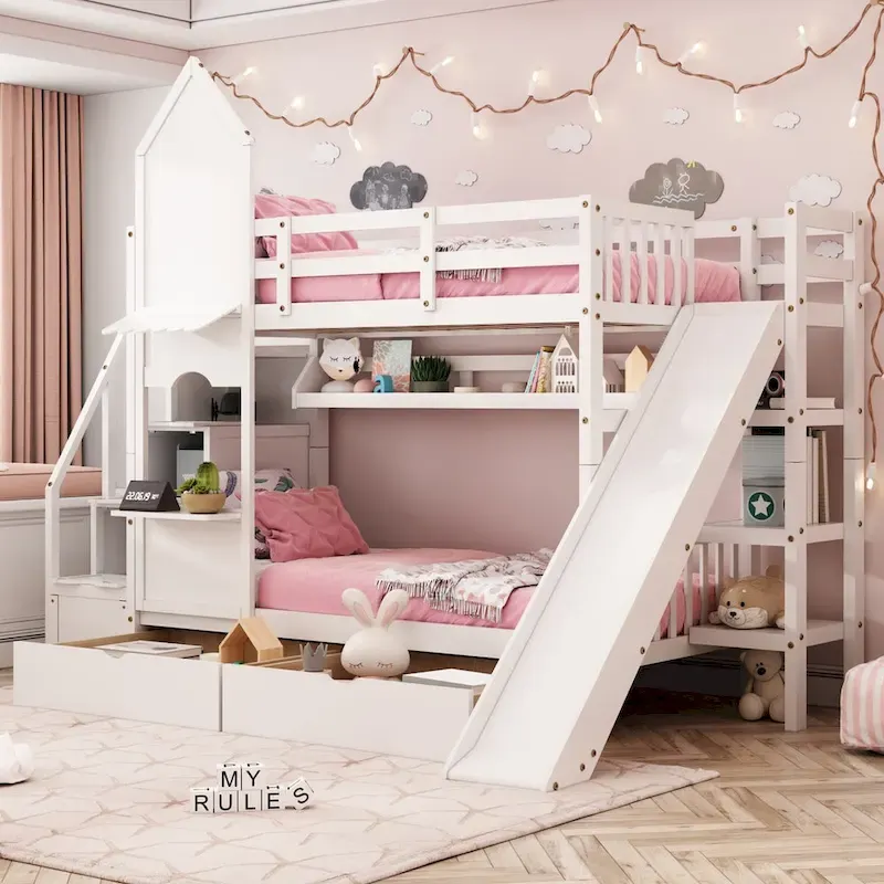 Twin-Over-Twin Castle Style Bunk Bed with Drawers,Shelves,Slide