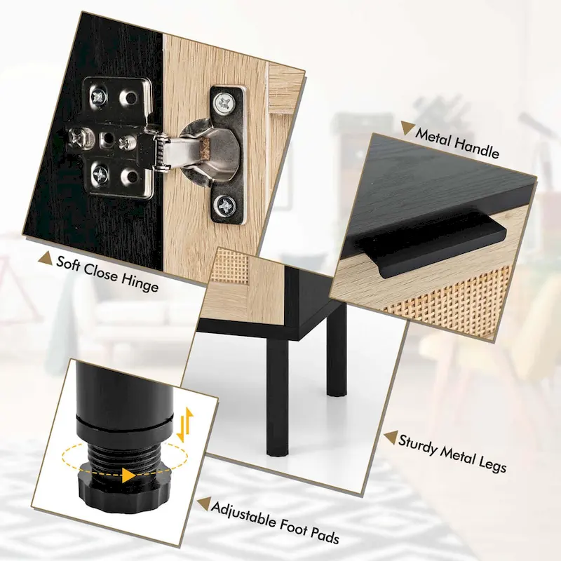 Costway Rattan Nightstand Set of 2 Mid Century Modern End Table with - See Details