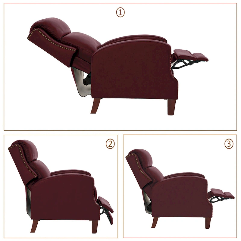 Genuine Leather Pushback Recliner with Multi-Angle Seat Back and Solid Wood Legs