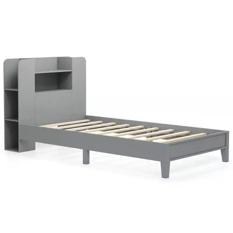 Costway Twin Size Bed Frame Wooden Platform Bed Kids Bed Frame w/ Bookcase Headboard