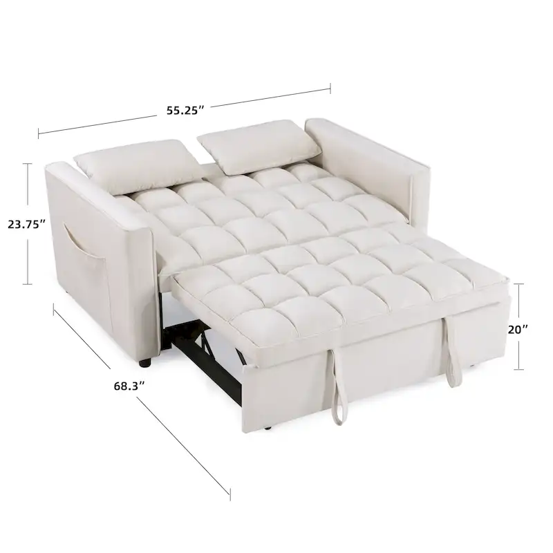 Classic 55 Width Pull Out Tufted Convertible Loveseat Sleeper Sofa Bed - 55W x 68L x 20H