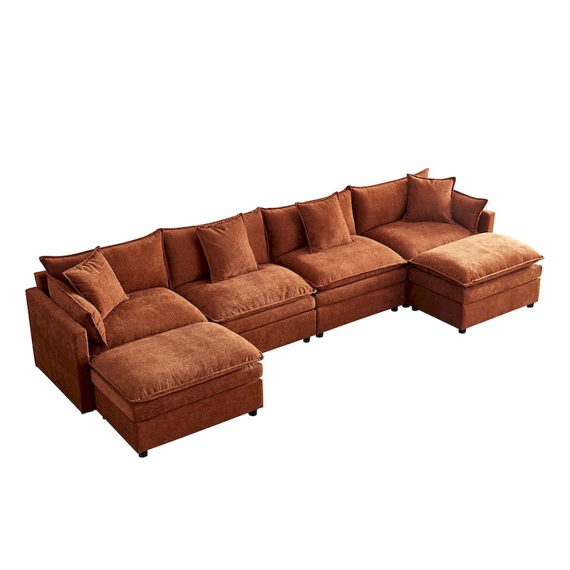 Spacious 142.52 U-Shaped Chenille Sectional Sofa with Double Cushions, Convertible Chaise and Ottomans