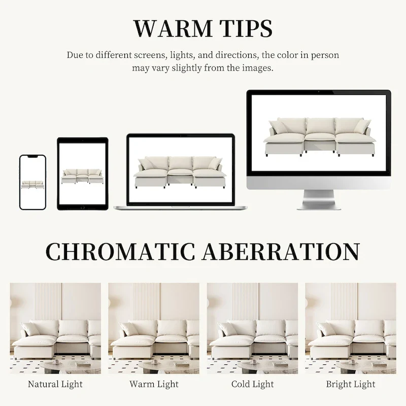 U Shaped Cloud Couch Set Chenille Sectional Sofa w/Ottoman, Pillows