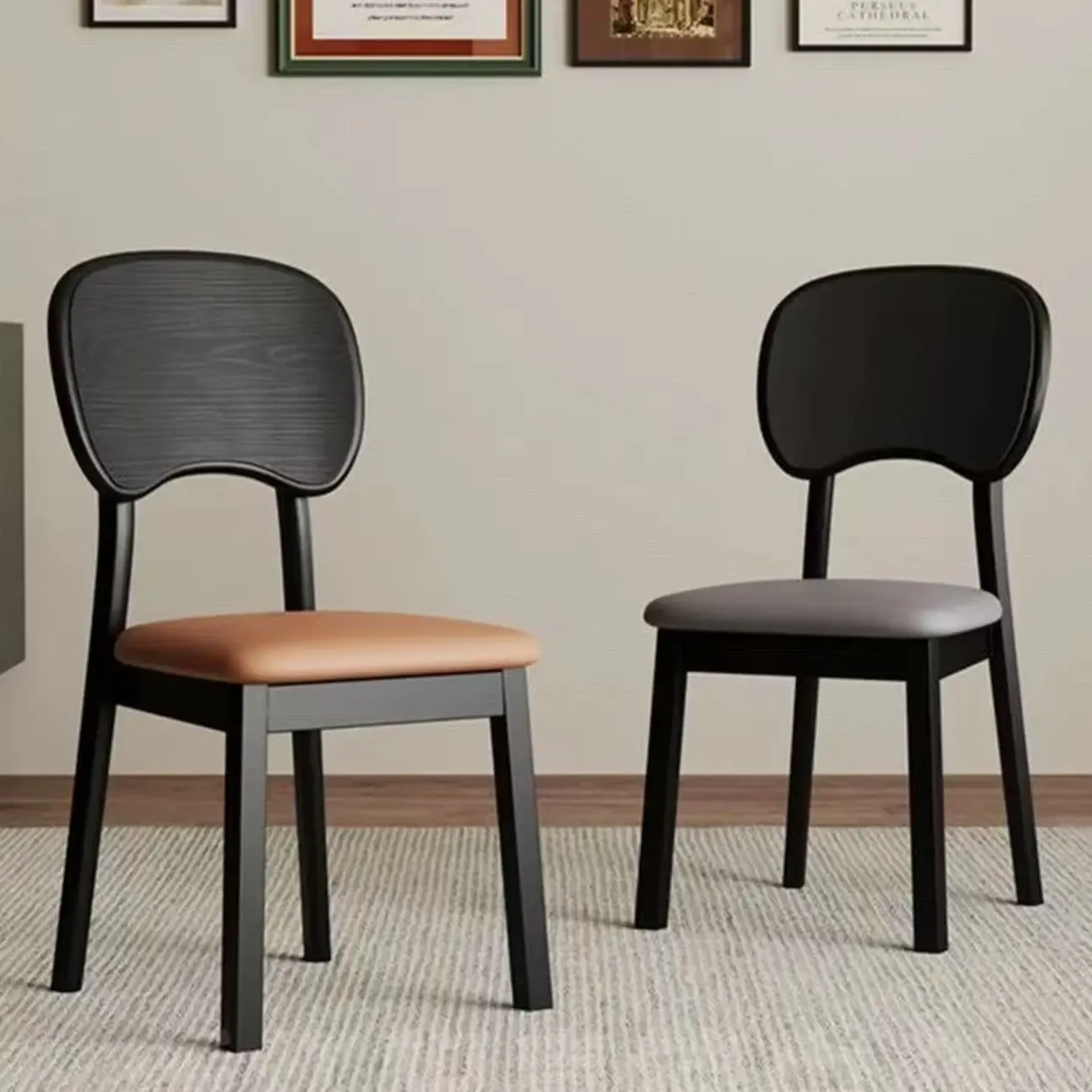Black Wood Vintage-Style Upholstered Dining Chair with Cozy Seat