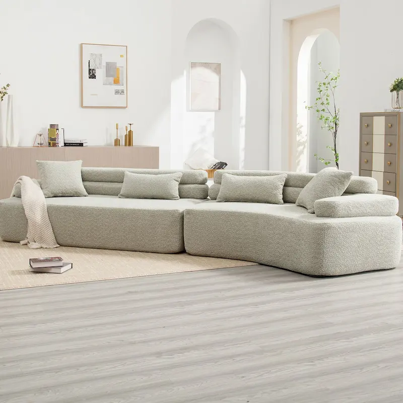 Modern Boucle 4-Seater Upholstered Sectional Sofa with 4 Pillows