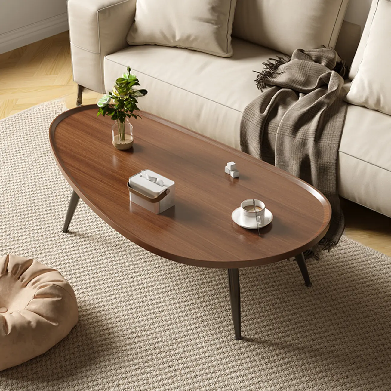 Modern Walnut Metal Base Wood Coffee Table with Tray Top