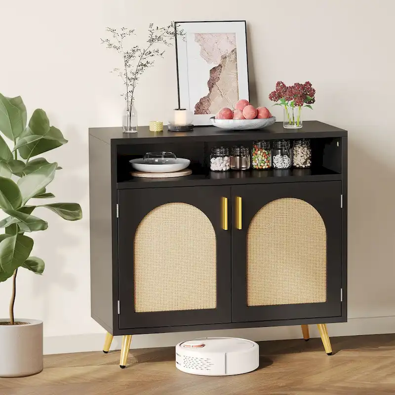 Moasis Rattan 2-Door Buffet Sideboard Cabinet with Adjustable Shelves for Kitchen Hallway