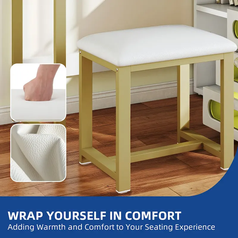 Moasis 5 Drawers L-Shape Nail Desk Set with Cushioned Stool and LED Light