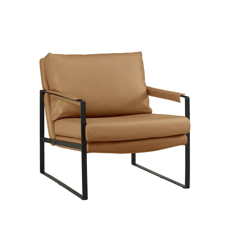 Mid-Century Leather Accent Chair, Brown/Khaki, Metal Frame, Seats 1