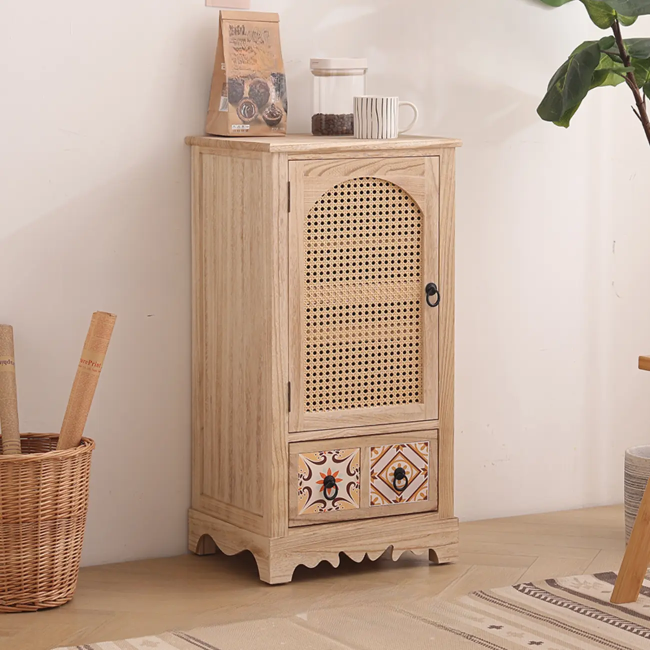 Tropical Wooden Artistic Cabinet with Drawers & Rattan Door