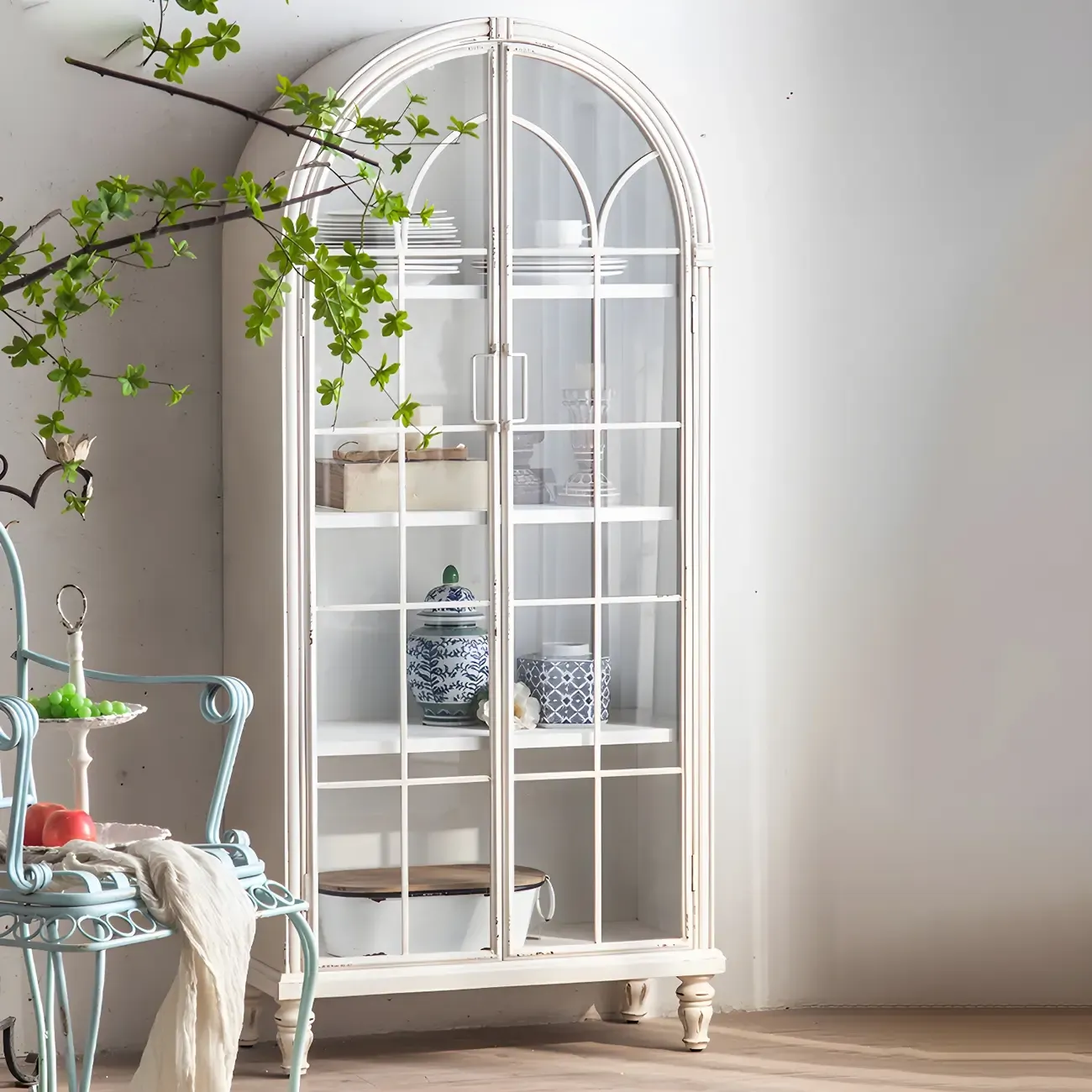 Classic White Arched Glass Doors Wooden Display Cabinet