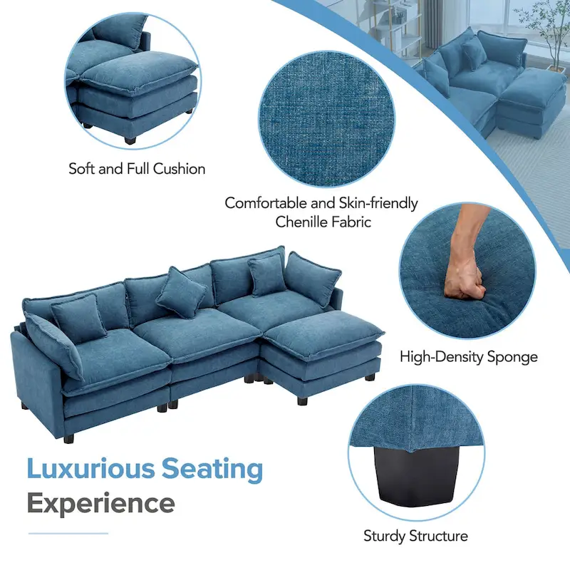 Blue 112.2 Modern L-Shaped 4-Seat Sofa with Removable Ottoman