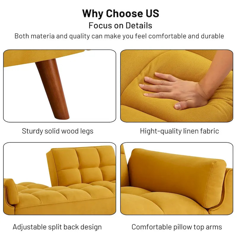 Convertible Futon Sofa Bed, Tufted Linen, Wood Legs, 3-Position Backrest, 500 lbs, Seats 2, Beige/Grey/Green/Yellow