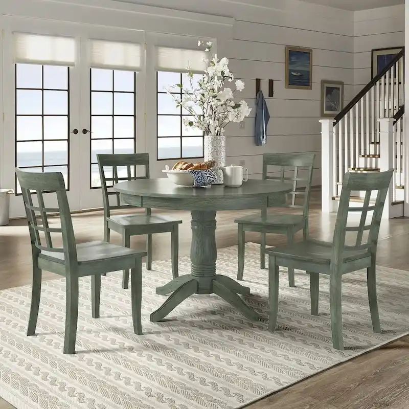 Wilmington II Round Pedestal Base Antique Sage Green 5-Piece Dining Set by iNSPIRE Q Classic
